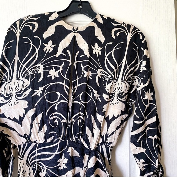 Johanna Ortiz Dress Floral Ruffle Long-Sleeve Jacquard Midi Ecru Black 0 FLAW - Picture 7 of 11